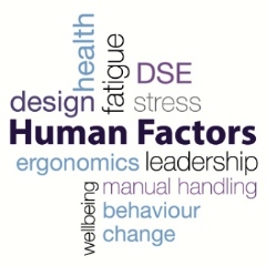 Word cloud containing the phrases design, health, fatigue, DSE, stress, human factors, ergonomics, leadership, wellbeing, manual handling, behaviour change